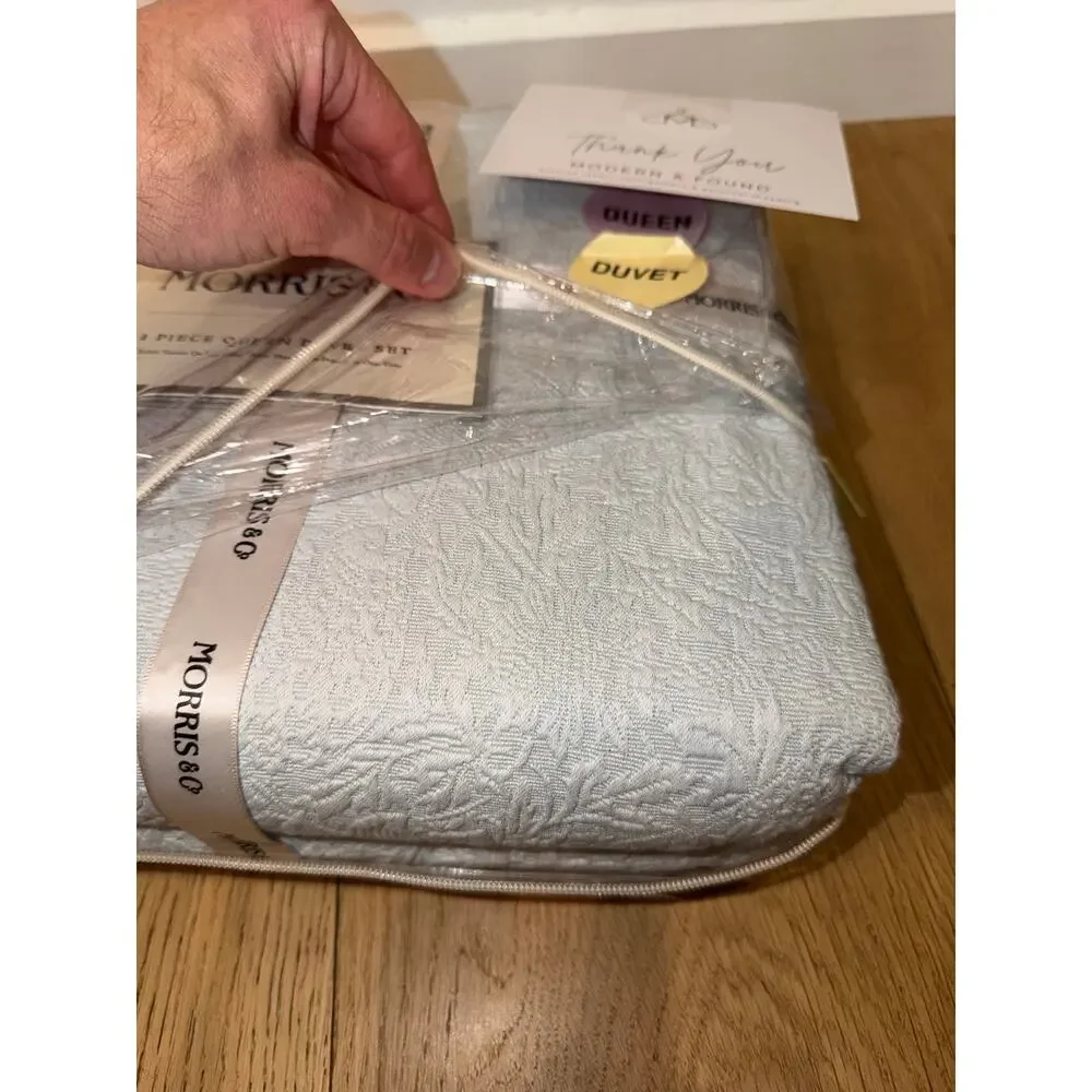NEW Morris & Co. 3 Piece QUEEN Duvet Set Light Blue Textured Cotton Bedding